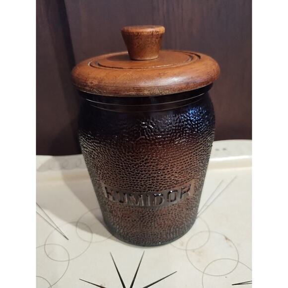 Vintage Brown Glass Humidor Jar and Wood Lid Cigar Dunrite Made in USA Brooklyn - Picture 2 of 6
